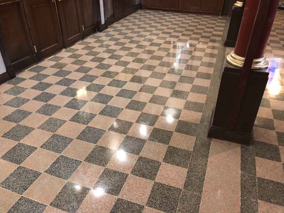 Terrazzo checkerboard floor in a church interior